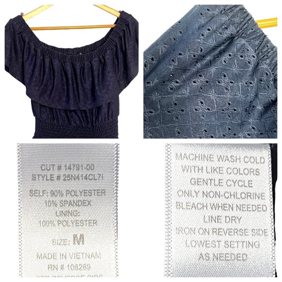 Navy Off-Shoulder Smocked Mini Dress Eyelet Design Ruffled Neckline Lace Hem  M - Picture 11 of 16